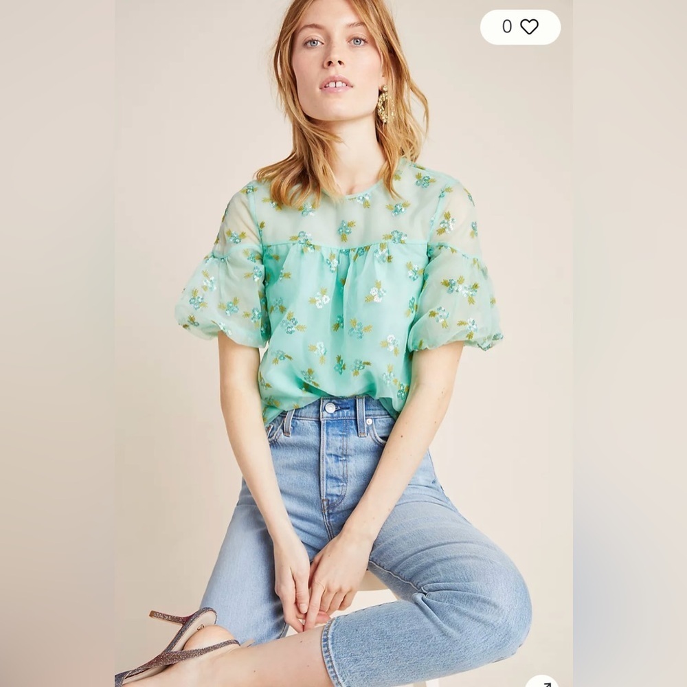 Anthropologie Sabine beaded embroidered top blouse green size 16 euc.